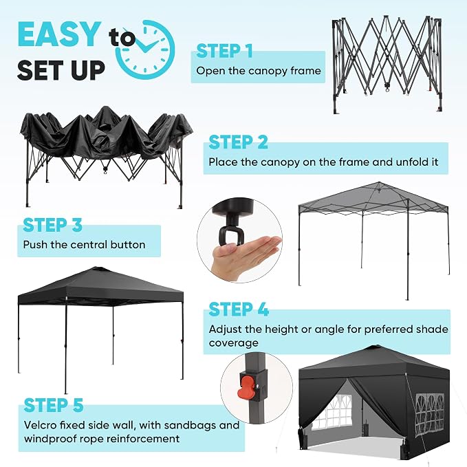 GDY 12x12ft Pop Up Canopy Tent with 4 Sidewalls, with Center Lock, 3-Level Height Adjustment, Wheeled Bag, for Gardens, Poolside, or Patio Lounge Spaces, Black