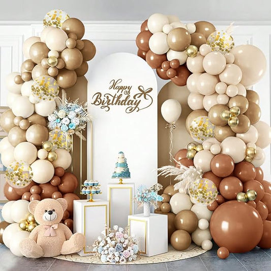 138PCS Brown Balloon Garland Arch Kit with Different Size Nude Coffee Brown Sand White Gold Boho Tan Neutral Balloons for Woodland Teddy Bear Baby Shower Jungle Safari Birthday Party Decorations