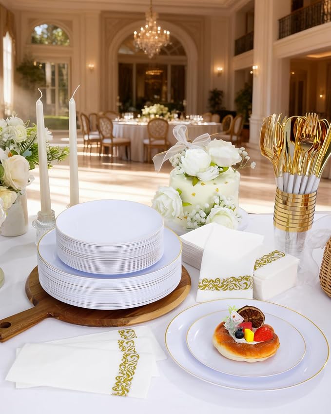 Supernal Gold Disposable Plates Silverware Set Serves 30 Birthday Wedding | Heavy Duty Elegant Tableware for Birthdays Bridal Shower Baby Shower Anniversary Halloween Thanksgiving Christmas