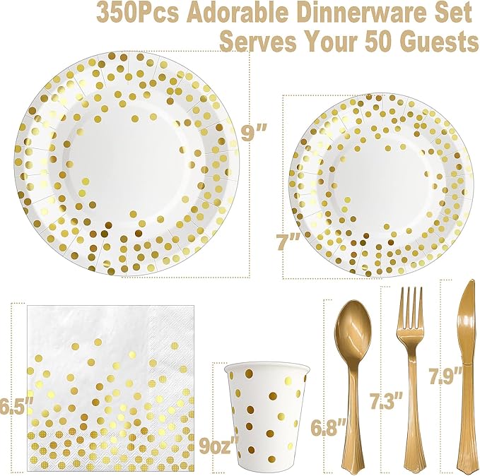 AIRE 350PCS White and Gold Party Supplies, Bulk Disposable Dinnerware Set Serves 50, Heavy Duty Paper Plates & Plastic Cutlery Forks Knives Spoons for Wedding, Anniversary, Large Event