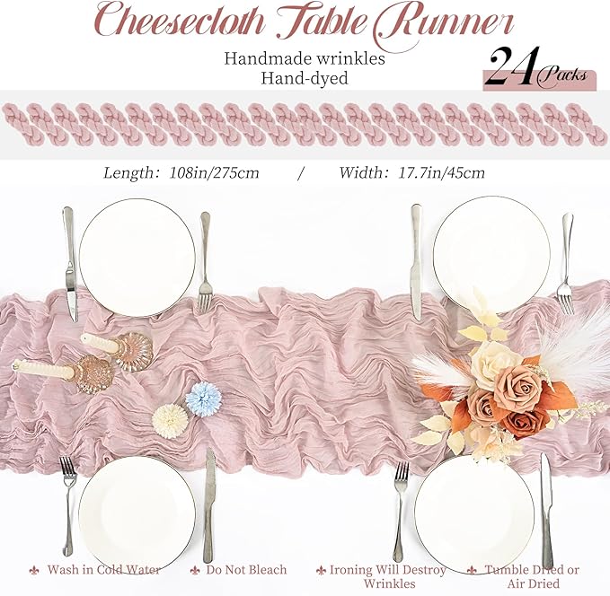 24 Packs Pink Table Runner, Charming Cheesecloth Table Runner 17 x 108inch, Gauze Boho Wedding Decoration Rustic Sheer Fabric Cheese Cloth Table Runners for Wedding Party Bridal Shower