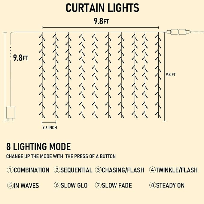 Dazzle Bright 300 LED Curtain String Lights, Christmas Fairy Lights for Bedroom with 8 Lighting Modes, Connectable Waterproof Window Lights Party Wedding Garden Wall Decor, Blue
