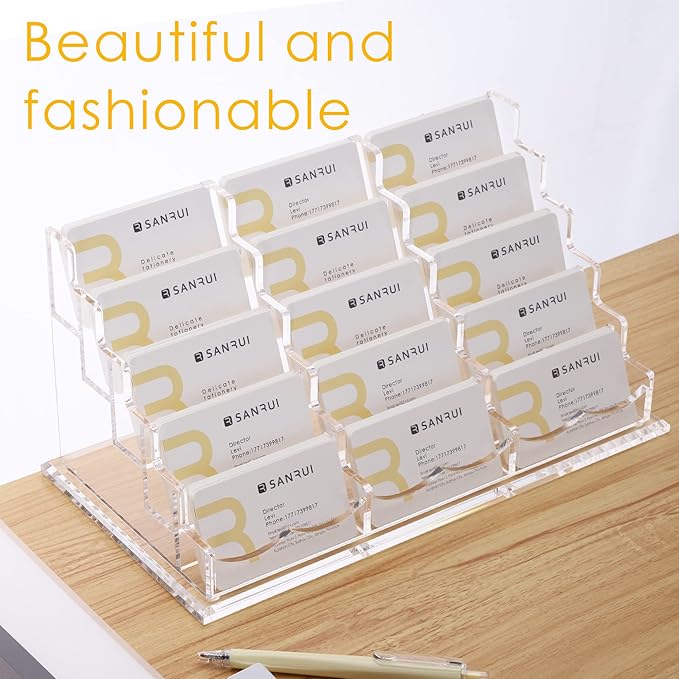 SANRUI Acrylic Multiple Business Card Holder Display for Desk, 15 Slots Business Card Stand, Clear Horizontal 5 Tier Business Card Holders, Holds 750-900 Cards