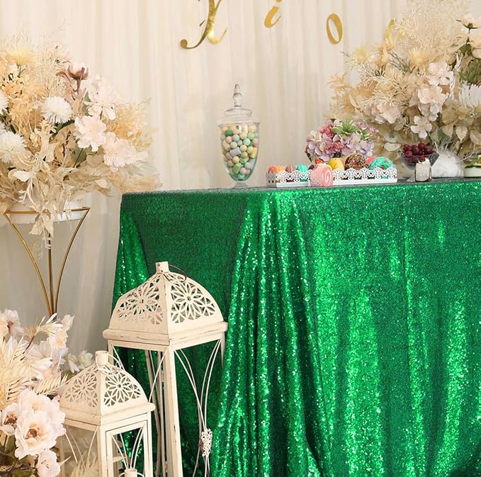 Eternal Beauty Green Tablecloth, 50x50 Inch Sequin Square Glitter Table Cover for Cake Dessert Exhibition Party Birthday Events