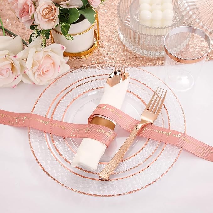 Liacere 350PCS Rose Gold Plastic Plates-Clear Rose Disposable Plates 50 Guests include 50 Dinner Plates,50 Salad Plates,50 Forks,50 Knives,50 Spoons,50 Cups,50 Napkins for Wedding & Party