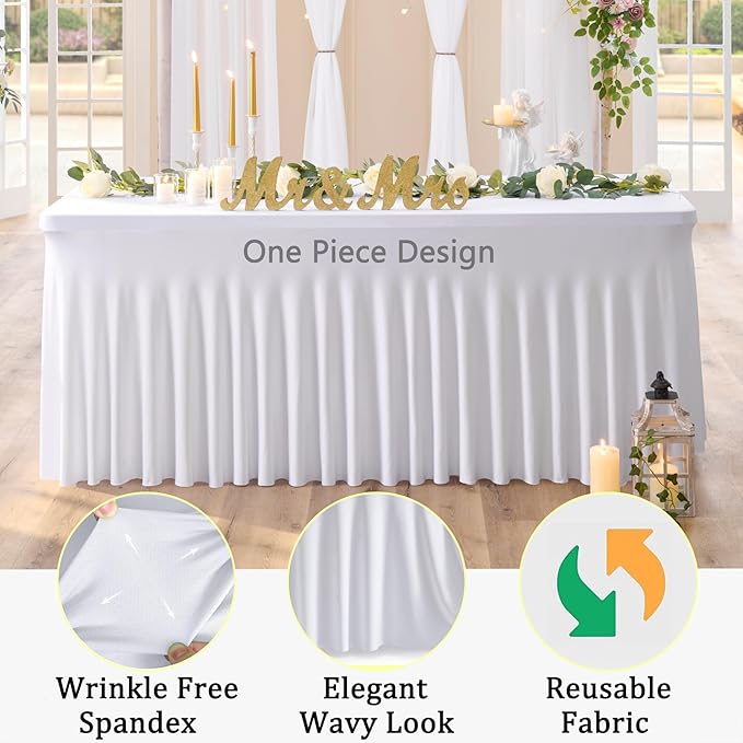 12 Pack White Spandex Tablecloth for 6 Foot Rectangle Tables, Wrinkle Free Fitted Table Cloth Cover 6ft White Stretchy Tablecloths with Skirt for Parties Weddings Birthday Banquet Baby Shower