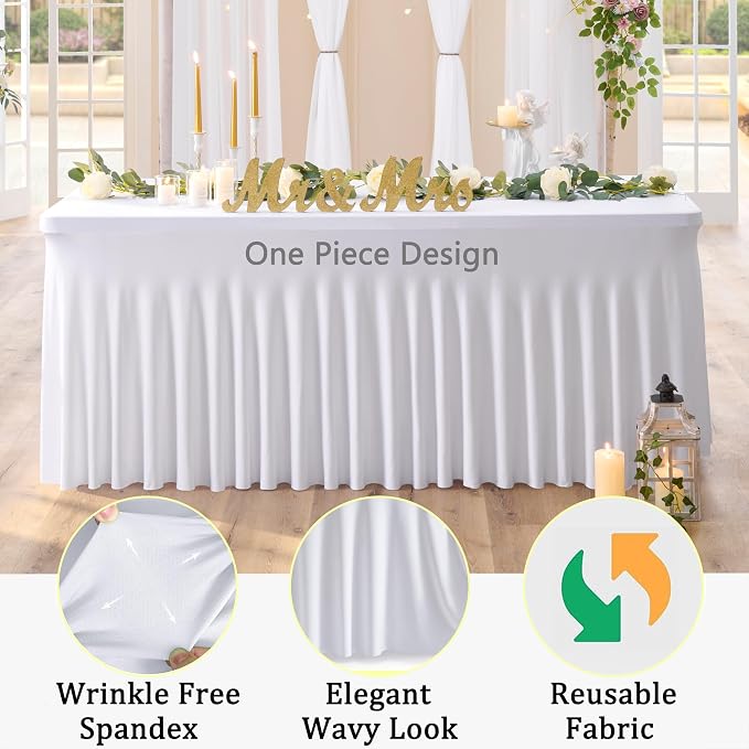 2 Pack White Spandex Tablecloths for 8 Foot Rectangle Tables, Wrinkle Free Stretchy Table Cloth 8ft Fitted Table Cover Desk Skirt for Parties Weddings Birthday Banquet Baby Shower