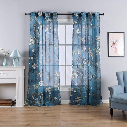 Taisier Home Chinese Style Plum Blossom Sheer Curtain Artistic Print Curtains 95 Inches Long for Living Room,Personalized Pattern Curtains 2 Panels Set（Grommet Top Style）
