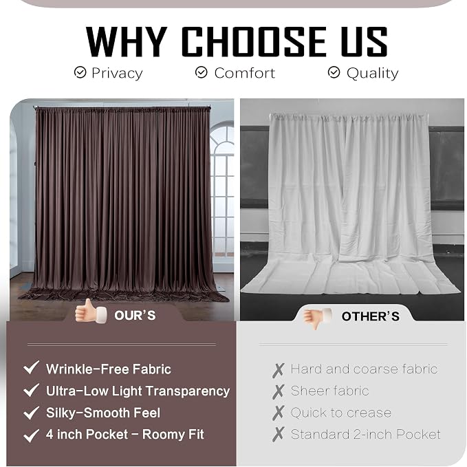 10x16ft Brown Backdrop Curtains for Wedding Party, 2 Panels 16 ft Long Back Drop Cloth, Wrinkle-Free Polyester Drapes for Birthday, Baby Shower, Stage Photography Background
