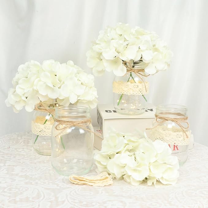 Mason Jar Table Centerpiece Set of 6 With White Hydrangea artificial Flowers for Engagement Party Bridal Shower Centerpieces Wedding Christmas Thanksgiving Party Reception Table Decor