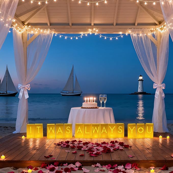 Valentines Day Decorations - It was Always You Light Up Letters Luminary Bags, Romantic Decorations Special Night with Bright LED Candles and Fake Rose Petals, Engagement Party & Proposal Decor kit