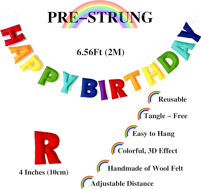 Pre-Strung Happy Birthday Banner - Felt Ball Garland, Rainbow Party Decorations, HAPPY BIRTHDAY Garland, Personalized Birthday Sign for Birthday Decor, Party Decor, Photo Prop (Rainbow Themed Happy Birthday Banner)