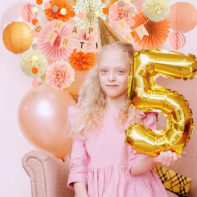 Boho Fall Peach and Orange Birthday Decorations Paper Lanterns Orange Peach Beige Pom Poms Pastel Autumn Birthday Party Decorations for Girls Women with Banner Beige Gold