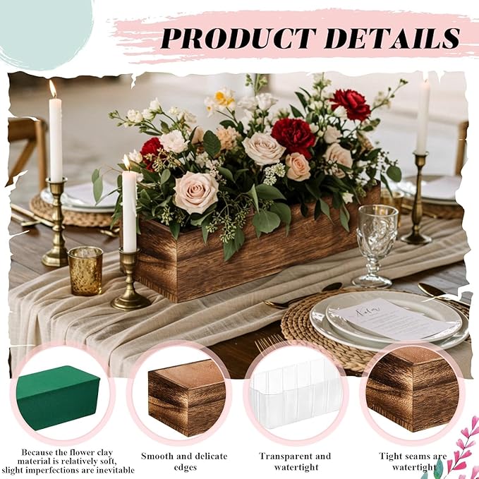 Dandat 6 Set Wood Boxes for Centerpieces 12x4 Inch Rectangle Wooden Planter Box Rustic Wood Planter with Removable Plastic Liner Floral Foam Blocks for Centerpieces Home Wedding Garden Decor