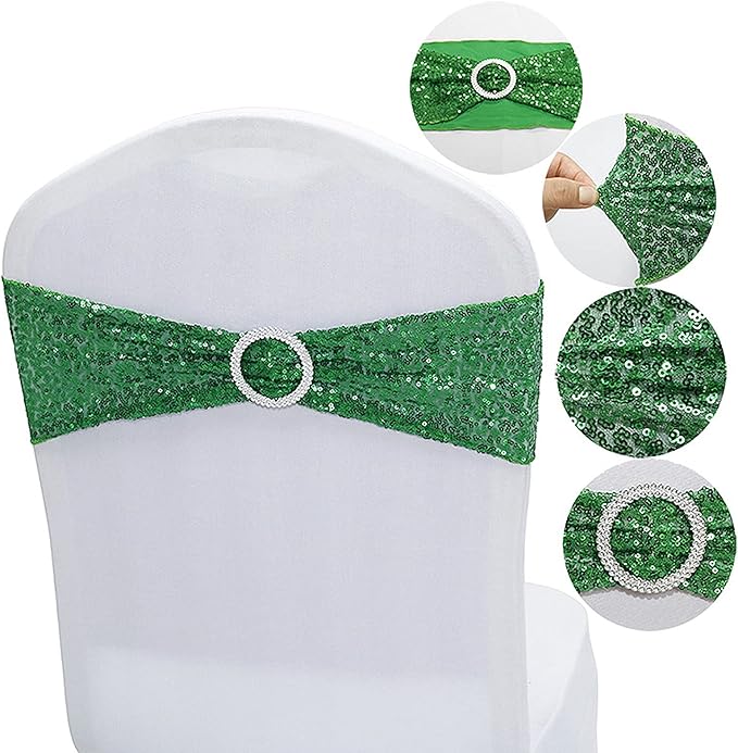 10 PCS Stretch Sequin Chair Sashes Chair Stretchy Spandex Bands for Wedding Reception Events Banquets Chairs Decoration (Green)