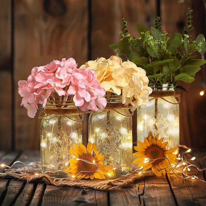 Set of 3 Mason Jar Lights, Champagne Hydrangea Holiday Table Decor | Farmhouse Table Centerpiece for Home Wedding Event Party Decor