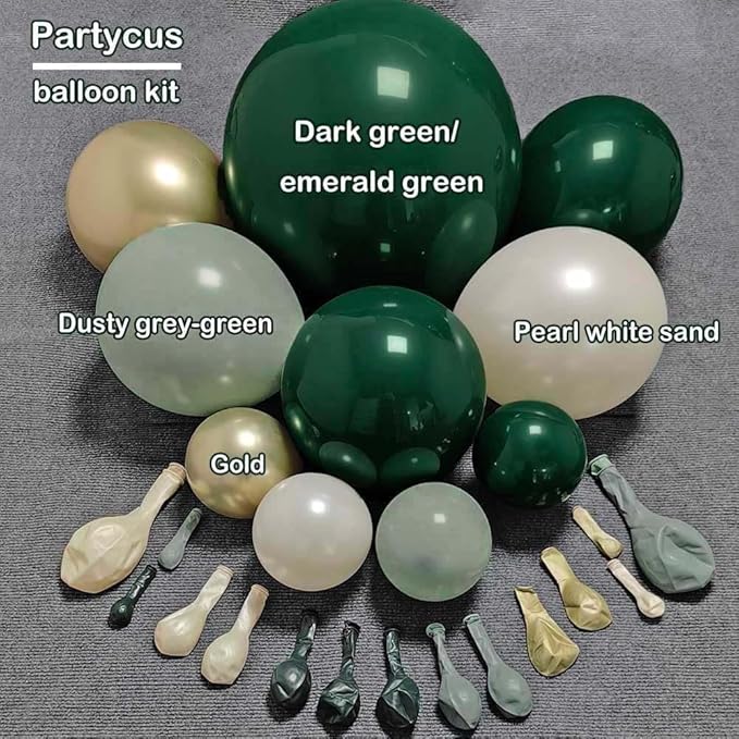 Emerald Green Gold Balloon Arch Kit Double Stuffed Dark Dusty Green Pearl White Sand Latex Balloon Garland for Birthday Baby Shower Wedding Anniversary Graduation Jungle St. Patrick's Day Party