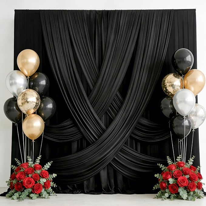10x12ft Black Backdrop Curtain for Wedding Parties, Wrinkle Free 2 Panels 12 ft Long Silky Polyester Photo Backdrop Drapes Back Drop Cloth Drapery for Birthday Graduation Photography Background