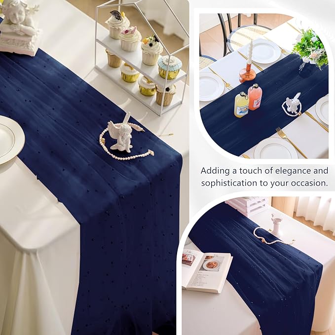 12 Pack 10FT Pearl Table Runner 30x120 Inch Navy Blue Tulle Fabric Boho Rustic Sheer Table Runners Lace Table Cloth for Wedding Bridal Shower Birthday Party Arch Veil Dessert Table Decor (Navy Blue)