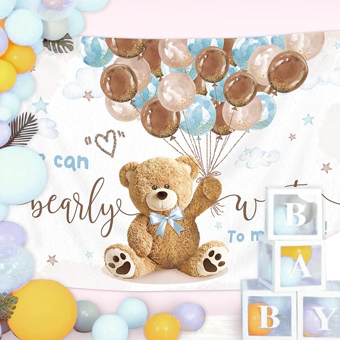 We Can Bearly Wait Backdrop 7Wx5H Feet, Bear Baby Shower Decorations for Boys, Cute Lovely Cartoon Balloons Baby Shower Party, Bear Photography Backgrounds Newborn Photo Shoot Decor Props