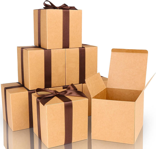 COTOPHER Small Gift Boxes 25 Pack 5x5x5 inches Brown Gift Boxes with Lids for Gifts, Crafting, Wedding Party Favor, Cupcake Boxes, Candy, Bridesmaids Proposal Box with Ribbons and Stickers