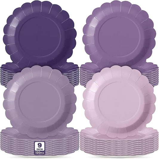 120 Pcs Purple Lavender Paper Plates 9 Inch Scalloped Disposable Round Dessert Paper Plates Party Decoration for Margs and Matrimony Bachelorette Party Women Birthday Baby Shower Wedding