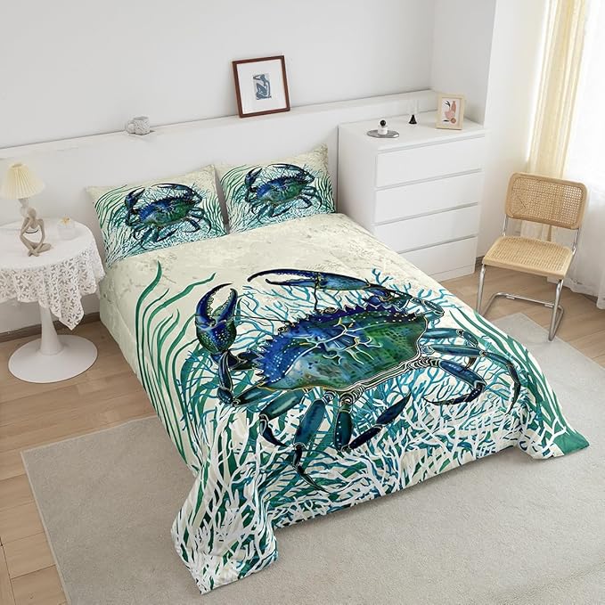 Feelyou Crab Printed Comforter Set Full Size Kids Summer Theme Comforter for Boys Girls Teens Marine Themed Bedding Set Underwater Animal Duvet Set Ocean Creature Quilt