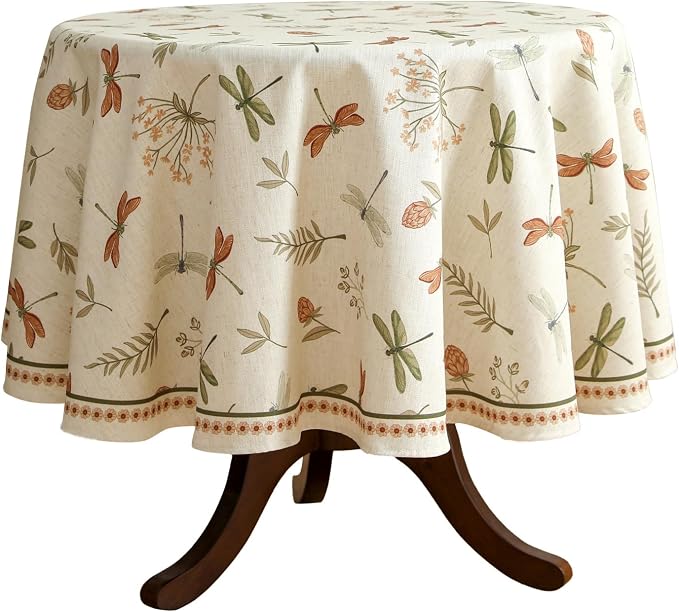 ISAENNE Designer Round Elegant Linen Tablecloth,Diameter 55"-Grace B | Vintage French Printed Table Cloth Round Table,Dragonfly Pattern,Durable,Heavyweight,Dining Room,Kitchen,Thanksgiving