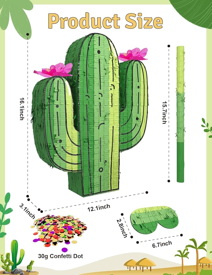 Cactus Piñata for Cinco de Mayo, Mexican Party Decorations, and Fiesta – Fun Hanging Piñata with Blindfold, Stick & Confetti, Perfect for Birthday & Fiesta Celebrations (16"x12"x3")
