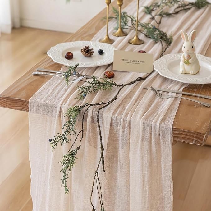 Keketoarrange 10pcs Beige Cheesecloth Table Runner Gauze Rustic 120 Inch 10 FT for Wedding Baby Shower Bridal Shower Birthday Engagement Garden Party Long Sheer Boho Spring Home Decorations