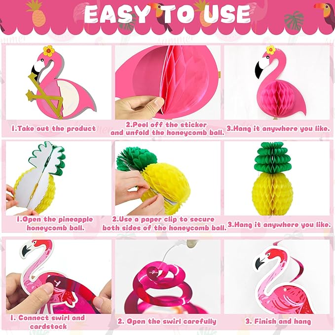 ADLKGG 21 Pcs Tropical Luau Party Decorations, 21" Large 3D Flamingo Honeycombs, Paper Fans, Banners, Hanging Swirls for Hawaiian Birthday, Summer Beach Party, Classroom Decor