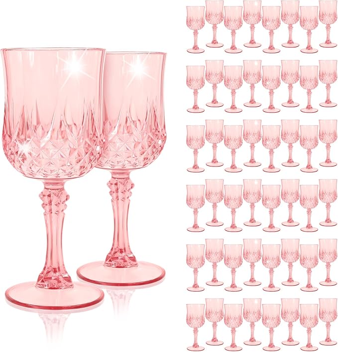 48Pack Pink Plastic Wine Glasses,Vintage Plastic Goblets for Parties, Light Pink Drinking Glasses Crystal Water Goblets Reusable for Wedding Reception, Grand Event Party Supplies