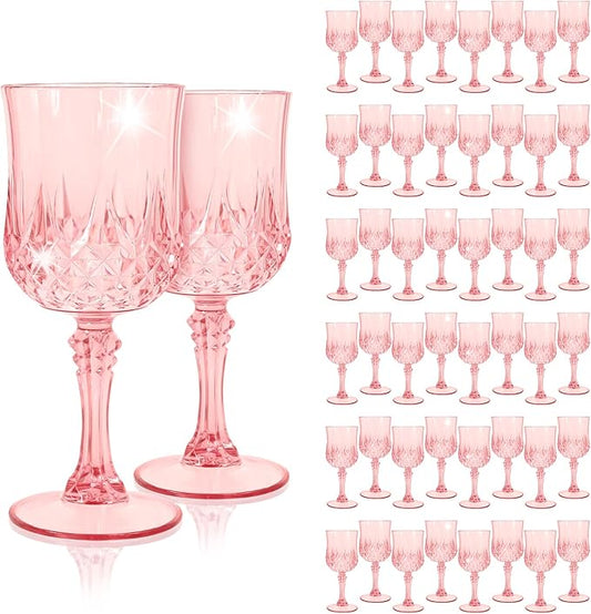 48Pack Pink Plastic Wine Glasses,Vintage Plastic Goblets for Parties, Light Pink Drinking Glasses Crystal Water Goblets Reusable for Wedding Reception, Grand Event Party Supplies