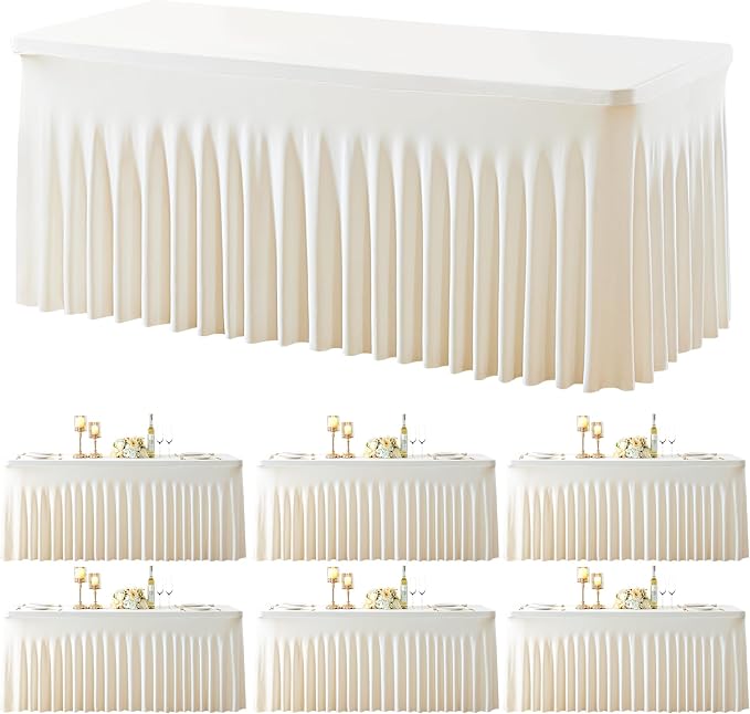 gogoparti 6 Pack Spandex Ivory Fitted Table Cloth for 8ft Rectangle Tables Ivory Stretch Tablecloth Banquet Table Covers Skirt Wrinkle Free Tablecloths for Parties Wedding