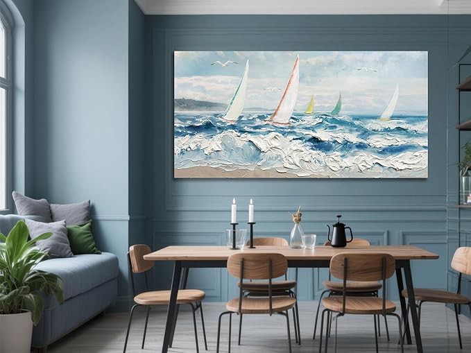 Enartly Wave 3D Textured Ocean Wall Art for Living Room Blue Seascape Sailboat Canvas Coastal Painting Artwork for Bedroom Bathroom Home Office Wall Decor, Large 48"x24"