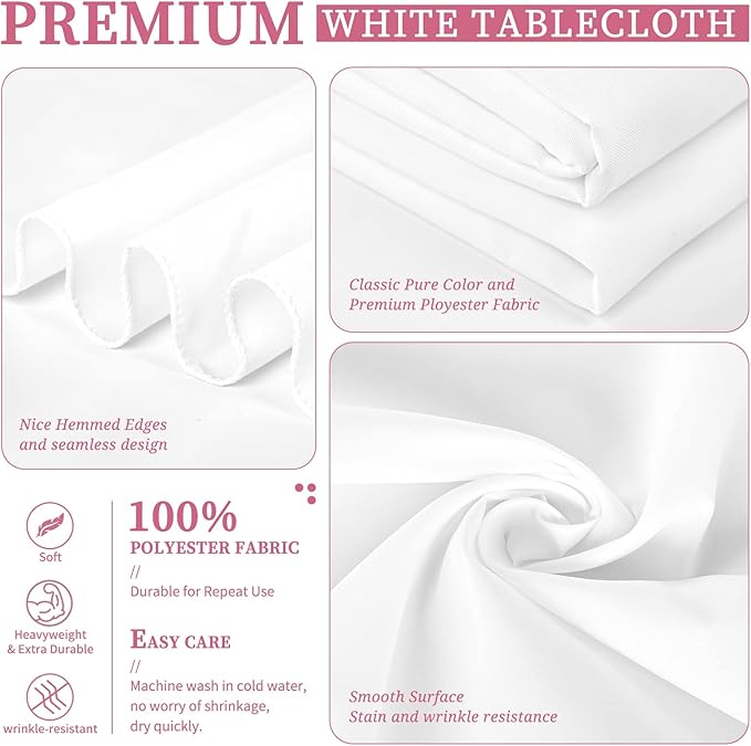 Showgeous 4 Pack White Rectangle Tablecloth, 90 x 132 Inch, Wrinkle Resistant, Machine Washable Polyester, Perfect for 8ft Table, Wedding, Dining, Parties