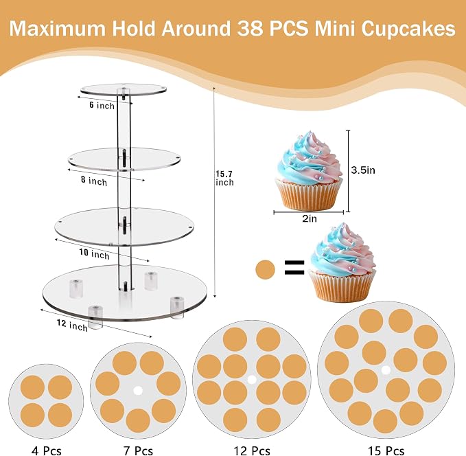 YestBuy 4 Tier Round Cupcake Stand, Cupcake Holder, 4 Tier Cupcake Tray, Acrylic Cake Tower Stand Display for Pastry + LED Light String, Ideal for Weddings, Birthday Parties (Yellow)