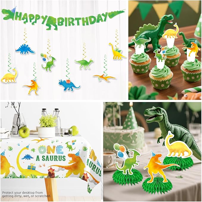 193pcs One A Saurus Birthday Decorations with Tableware Set, Banner, Hanging, Tablecloth, Cake Number Candle, Balloon, Centerpieces, for Dinosaur Birthday Decorations 1 Year Old Boy, Serves 25