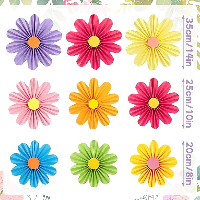 Paper Jazz Colorful Party Decorations with Daisy Paper Flower,Rainbow Birthday Decorations-9pcs Tissue Mexican Decor for Home Backdrop Garden Birthday Party Wall Hanging Fan for Spring Party