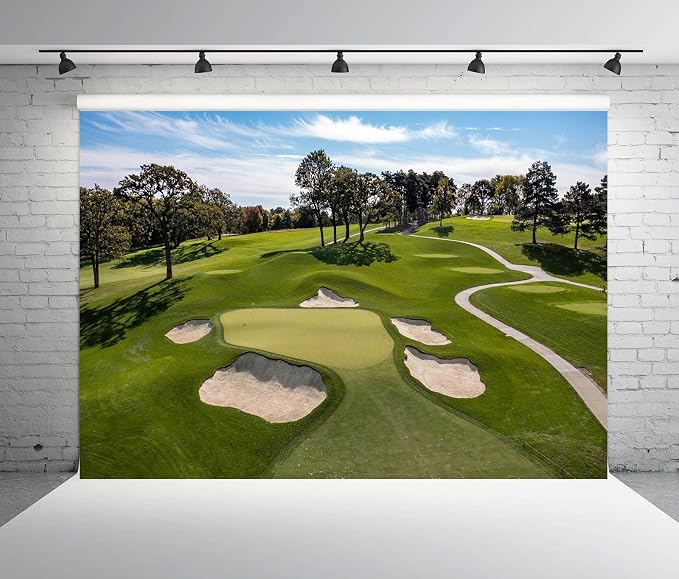 BELECO 8x6ft Fabric Golf Course Backdrop for Photography Green Grass Lawn Bunker Trees Blue Sky White Clouds Outdoor Golf Backdrop Golf Party Decorations Birthday Shoot Holiday Photo Studio Props