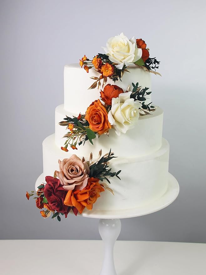 Rinlong 3Pcs Cake Flowers Cake Toppers Terracotta Artificial Flowers for Cake Decor Burnt Orange Fall Wedding Cake Decorating Flowers for Baby Shower Birthday