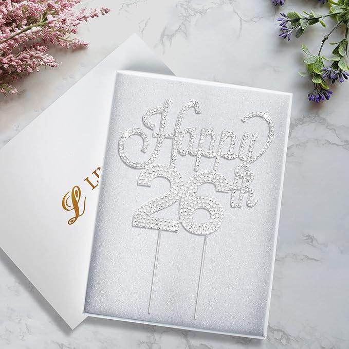 LINGTEER Happy 26th Birthday Silver Rhinestone Cake Topper - Cheers to 26th Birthday 26 Years Old Anniversary Party Cake Centerpieces Topper Decorations Gift Sign.
