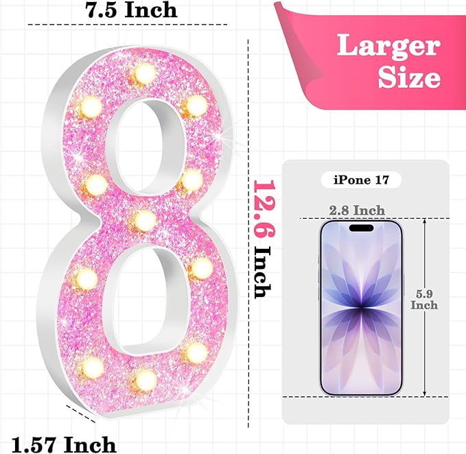 12.6 Inch LED Pink Marquee Light Up Numbers, Sweet 8th Birthday Decorations Number Lights as Gifts for Girls Women, Glitter Lighted Marquee Numbers for Pink Anniversary Party Table Decor, 8