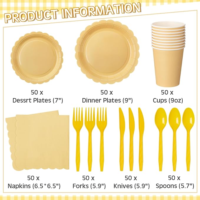 Ziliny 350 Pcs Light Yellow Plates and Napkins, 50 Guest Spring Easter Party Supplies Include Scalloped Paper Plates Napkins Cups Plastic Spoons Forks Knives Disposable Tableware Set for Baby Shower