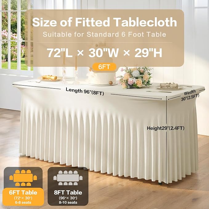 leegleri 2 Pack Beige Spandex Fitted Tablecloths for 6 Foot Rectangle Tables, Beige Stretch Table Cloth with Table Skirt, Wrinkle Free Spandex Table Covers 6ft for Parties, Weddings, Trade Shows