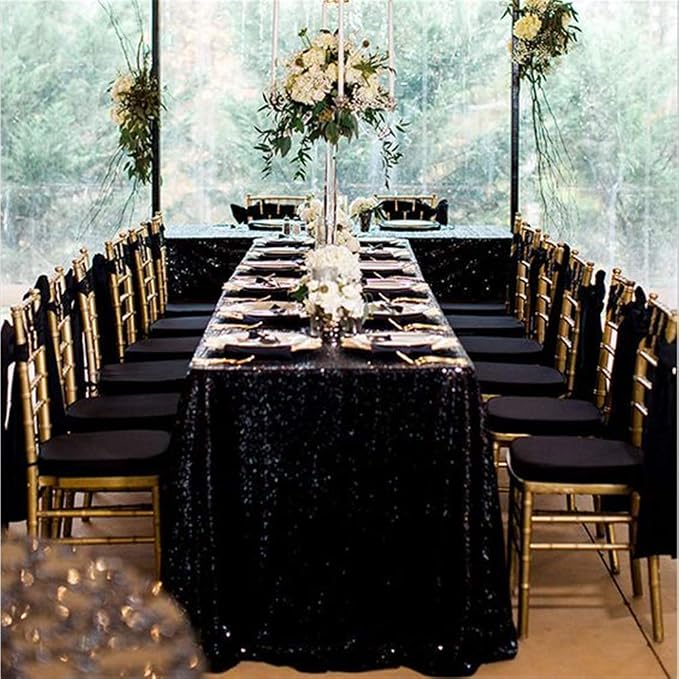 B-COOL Seamless Sequin Table Cloth Black Glitter Design Table Cloth Wedding Overlay Birthday Party Tables Decoration Fabric 90x132-inch (Black)