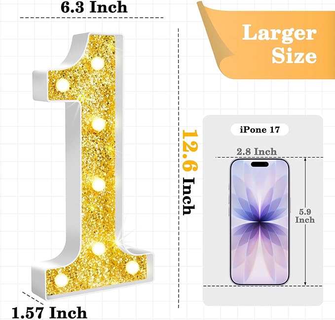 12.6 Inch LED Gold Marquee Light Up Numbers, 1st Birthday Decorations Number Lights as Gifts for Girls Boys, Glitter Lighted Marquee Numbers for Golden Anniversary Party Table Decor, 1
