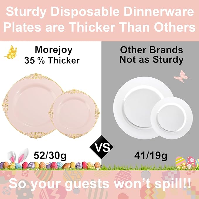 Morejoy 175pcs Pink Plastic Plates - Pink and Gold Disposable Plates sets, Include 25 Dinner Plates,25 Dessert Plates,25 Cutlery Sets,25 Napkins Perfect for Wedding & Party & Holiday & Mother's Day