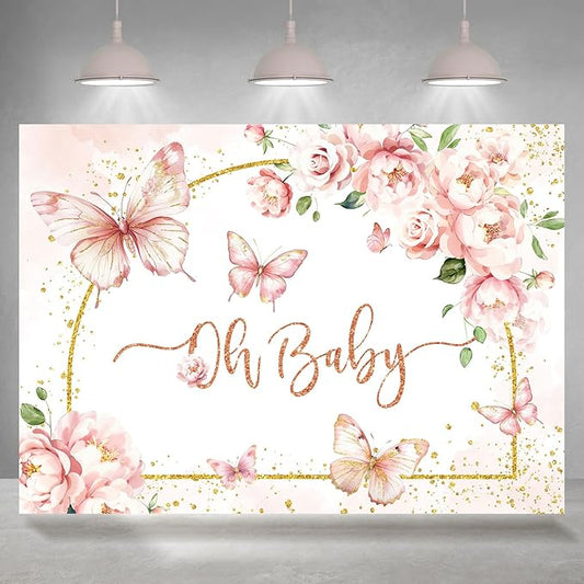 7x5ft Oh Baby Backdrop Baby Shower Pink Floral Butterfly Photography Background for Girls Newborn Shower Party Decorations Favors Cake Table Banner Photo Booth Studio Props