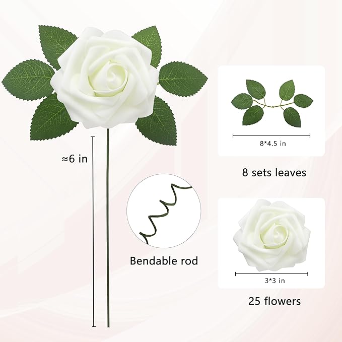 JOYLEX Artificial Flowers Realistic Roses, 25pcs Real Looking Fake Roses with Stem for DIY Wedding Bouquets Centerpieces Bridal Shower Party Home Romantic Decorations (25pcs, Milk White)